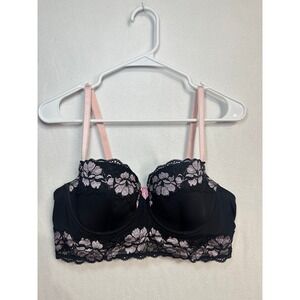 Adore Me Black Pink Floral Lace Push Up Longline Bra 38C CC520111-PB15